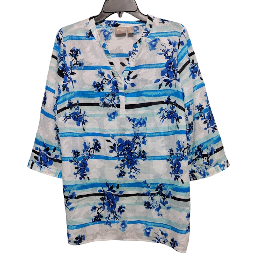 Chico's Blue Floral Striped Lightweight V Neck Tunic Top Women's Size 2 - Large